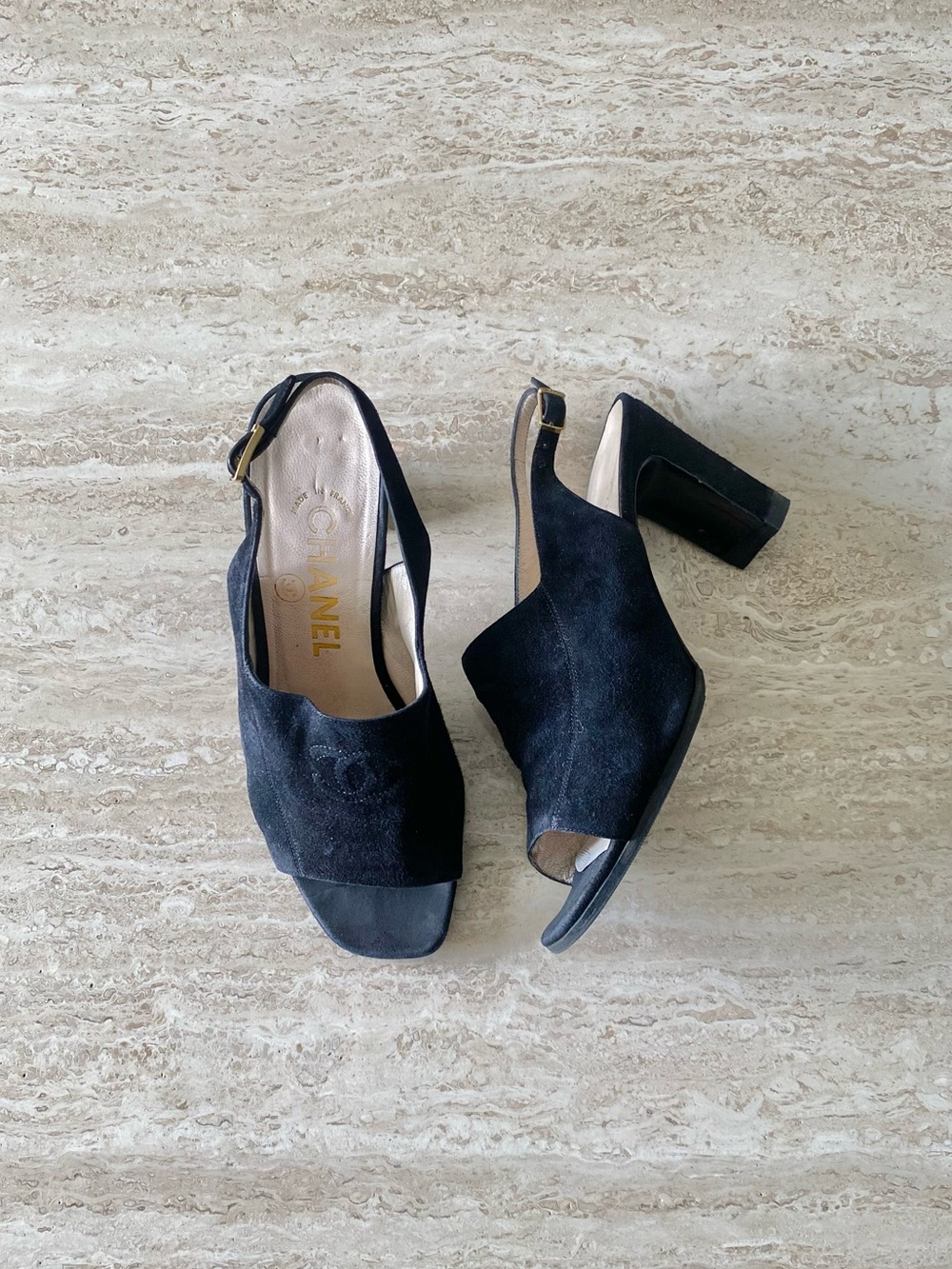Vintage Chanel CC Slingback Block Heel Sandals